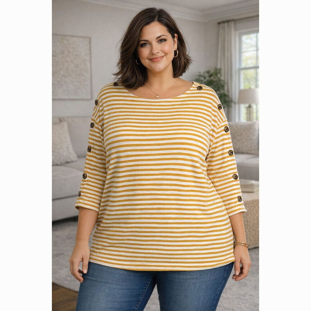 Talbots Plus 1X Gold White Striped Nautical Button 3/4 Sleeve 100% Cotton Top #6